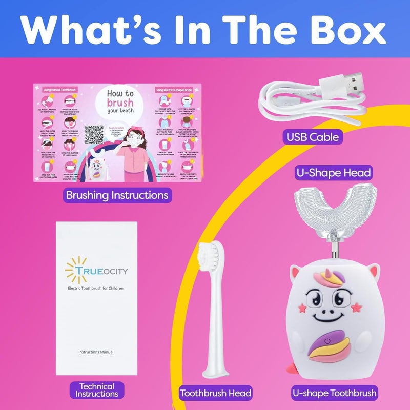 Trueocity Kids U Shape Toothbrush Auto Electric Toddler Rechargeable Kids Automatic Toothbrush | 360° U-Shaped Silicone Brush Head | Gentle Cleaning for Ages 2–7 | Unicorn Design (Pink) - Image 3